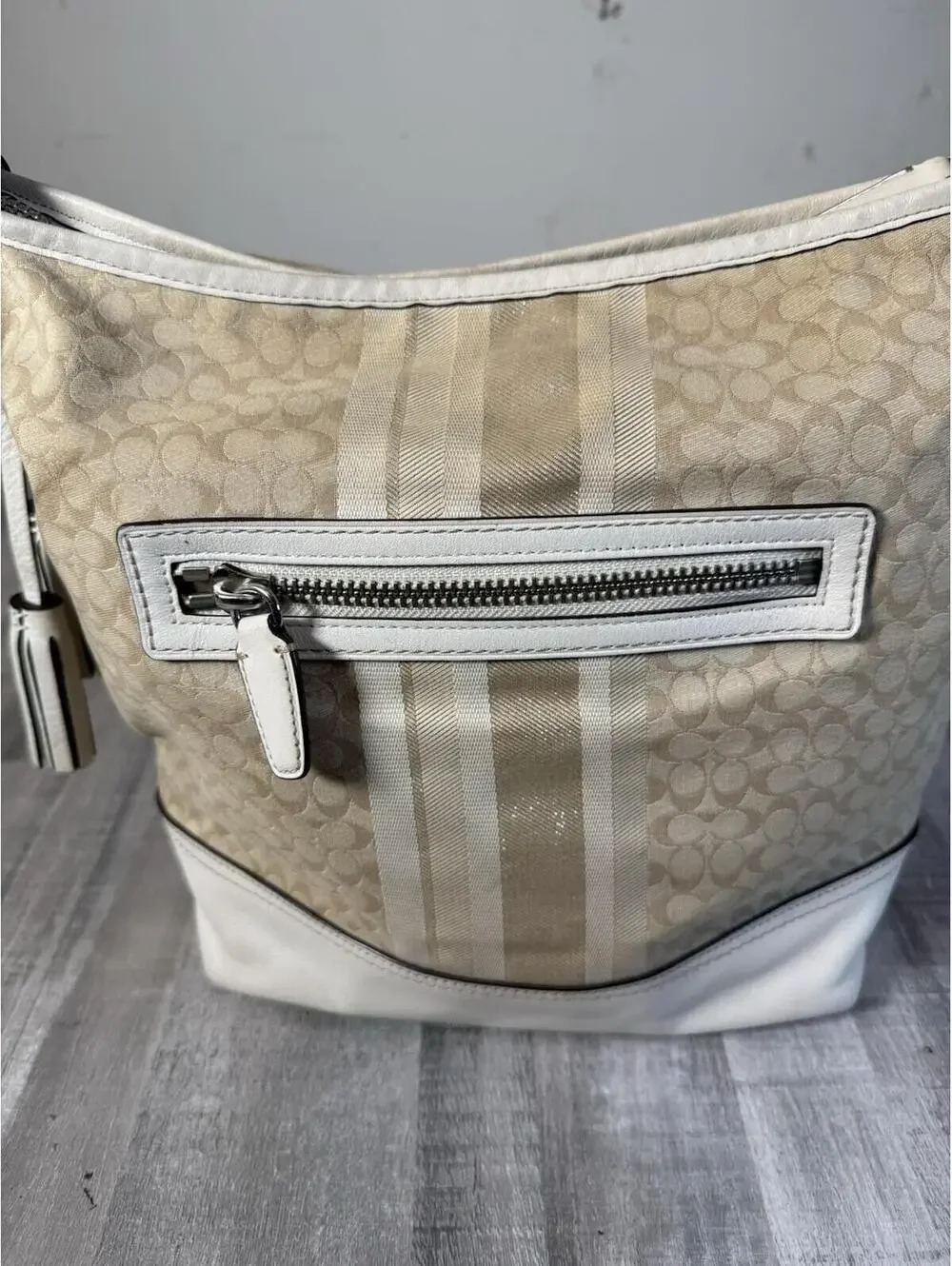 NCOACH LEGACY Khaki Ivory Signature Glitter Stripe Convertible Duffle Bag